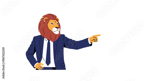 Powerful lion wearing a professional business suit points his finger forward to give a clear direction or instruction.
