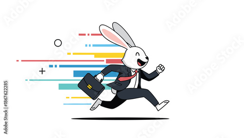 Speedy rabbit wearing a business suit and carrying a briefcase runs extremely fast with colorful motion lines behind him.