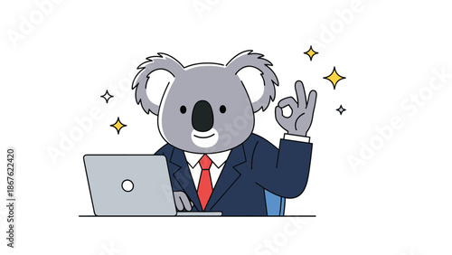 Successful koala in a business suit works on his laptop and gives an ok hand gesture with many sparkling golden stars.