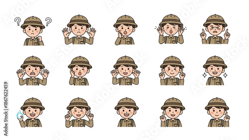 Set of facial expressions showing a young boy in a safari outfit experiencing many various emotions and feelings.