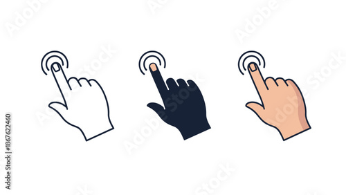 Graphic icons showing three different versions of a human hand touching or tapping on a circular surface point on white.