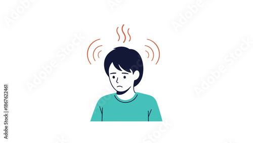 Young person feels dizzy or has a painful headache with wavy lines and steam symbols floating around his dark hair.