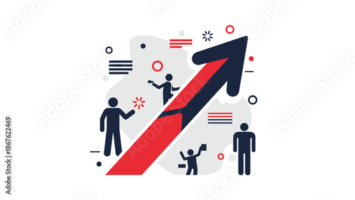 Business growth concept showing an upward red arrow with silhouettes of people working together for collective success.