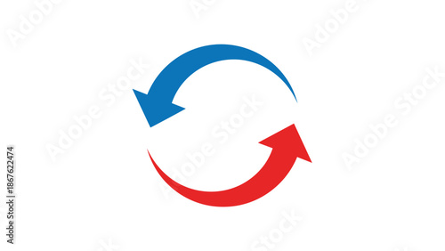 Simple graphic illustration of two curved arrows forming a circle in blue and red to represent a repeat cycle process.