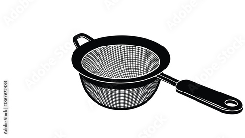 A simple black and white illustration of a metal mesh strainer with handle