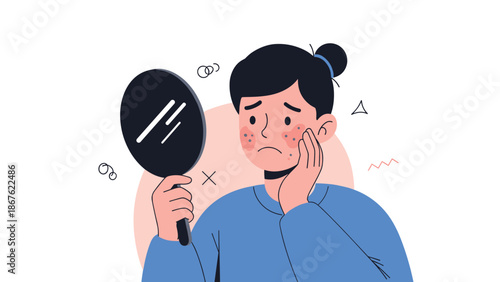 Worried woman looks into a hand mirror at her face to check on skin problems like acne or small red blemishes on her cheeks.