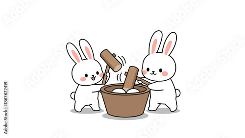 Two cute white rabbits work together to pound mochi in a traditional wooden mortar using heavy brown wooden mallets.