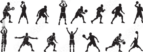 Vector silhouette icon set of basketball player action poses showing dribbling shooting jumping defensive stance and passing court game motion illustration
