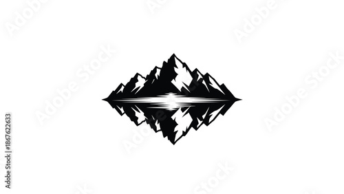Black mountain range silhouette with a mirrored reflection on a white background