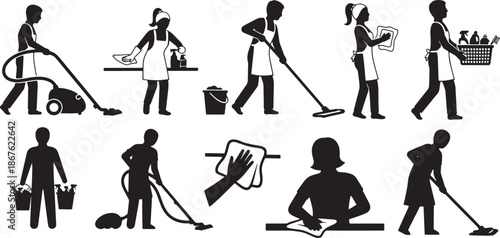 Vector silhouette icon set of home cleaning action poses showing vacuuming mopping wiping surfaces and carrying cleaning supplies household chores illustration