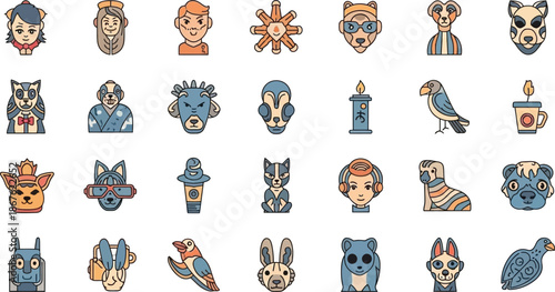 Collection of colorful cartoon icons featuring animals masks and various objects