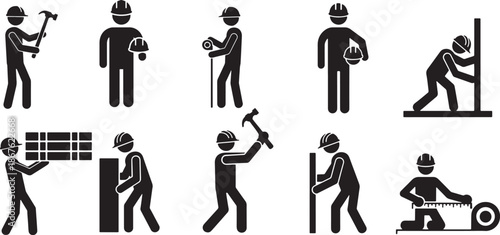 Vector silhouette icon set of construction worker action poses showing standing holding helmet hammering lifting materials and measuring building site labor illustration