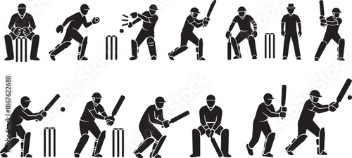 Vector silhouette icon set of cricket player action poses showing batting bowling fielding catching and wicket keeping sport motion illustration
