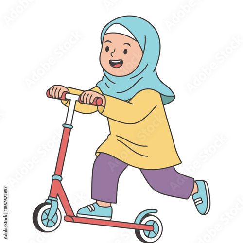Happy little Muslim girl riding scooter with joy and freedom
