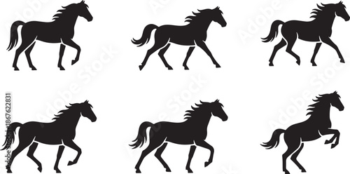 Vector silhouette icon set of horse movement poses showing standing walking trotting and galloping equine motion wildlife illustration