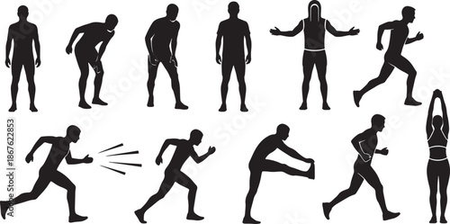 Vector silhouette icon set of runner athlete action poses showing standing warm up running sprinting and stretching fitness sport motion illustration