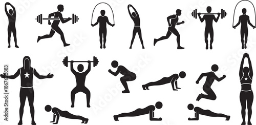 Vector silhouette icon set of gym workout action poses showing weight lifting squatting push ups planks and jumping fitness training illustration