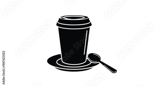 Simple black and white illustration of a coffee cup with saucer and spoon