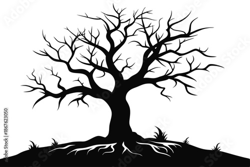 Minimalist black and white silhouette of a bare dead tree, symbolizing barrenness and solitude on a simple white backdrop.