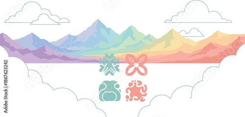 Colorful mountain landscape with flowers clouds and an illustration of cute creatures