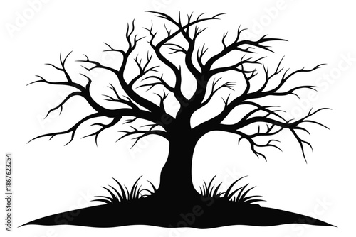 A leafless, dead tree rendered as a stark black and white outline on a white background, suggesting fragility.