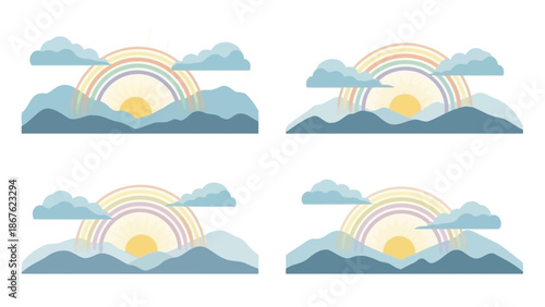 Charming rainbow and sunscape illustrations with fluffy clouds and rolling hills