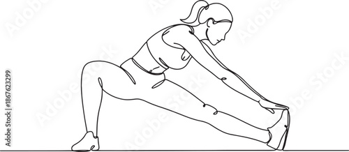 Minimal line art of woman stretching body, lifestyle fitness illustration
