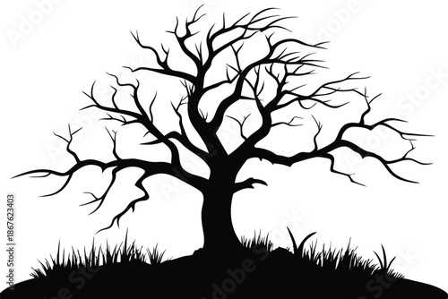 A solitary dead tree silhouette in simple black and white, representing absence or the end of a cycle on white.