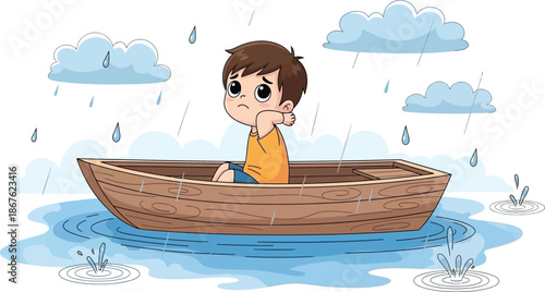 Sad little boy sitting in a boat during a rainy day