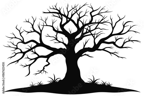 Minimalist vector art of a dead tree, its stark form in black and white symbolizing fragility and the harshness of nature.