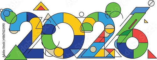 Colorful geometric design spelling out the year 2026 on a white background