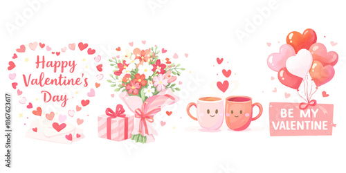 Happy birthday card illustration with pink tulip flower, heart, gift box, and celebration ribbon decoration.  coffee, valentine, drink, tea, christmas, mug, breakfast, beverage