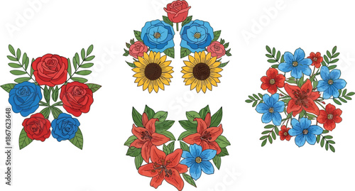 Assorted floral arrangements featuring roses sunflowers and lilies in vibrant colors