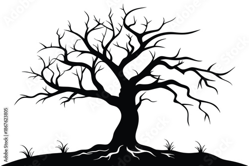 Minimalist dead tree silhouette in bold black and white, isolated on a seamless white background, representing nature's end and new beginnings.