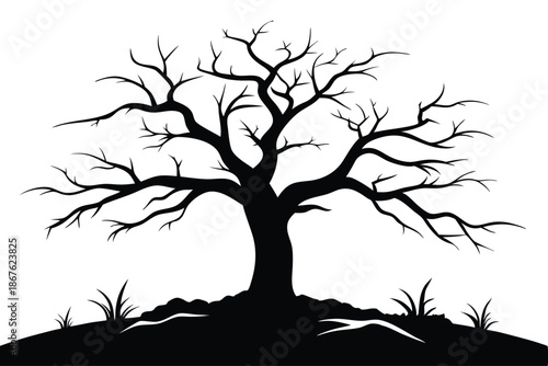A dramatic black and white silhouette of a dead tree against white, evoking themes of hardship, nature, and survival.