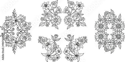 Intricate floral arrangements in black and white wreaths and floral designs