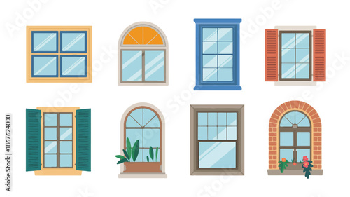 Various colorful cartoon windows with different frames and shutters