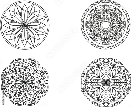 Intricate black and white circular designs arranged in a four part composition