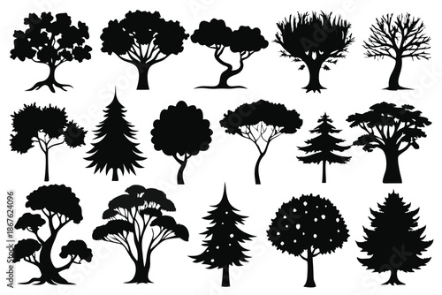 Twenty stylized tree head silhouettes in monochrome black and white, providing a comprehensive visual resource for ecological concepts.