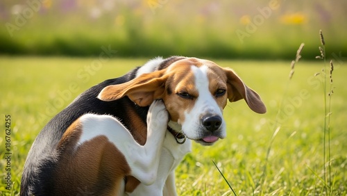 Beagle scratching ear in green grass.