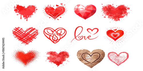 A set of red heart shapes representing love and romance for Valentine's Day design and decoration
