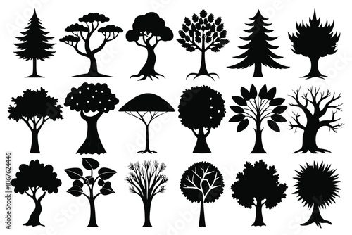 A dynamic collection of 20 varied tree head silhouettes in crisp black and white, embodying the essence of natural forms.