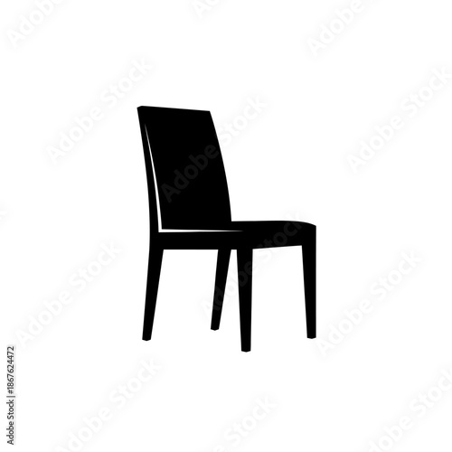 A simple black silhouette of a modern dining chair against a white background