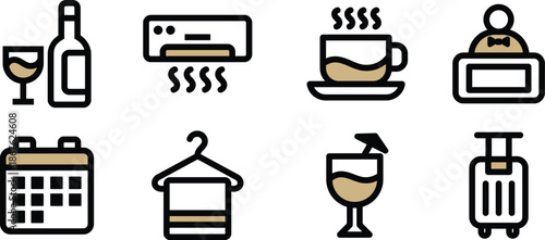 UI Icon Set Check-in, Check-out, Bar, Luggage, Coffee Vector Symbols for Mobile and Web Apps