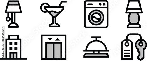 UI Icon Set Chef, Security, Elevator, Bar, Laundry, Lamp Vector Symbols for Mobile and Web Apps
