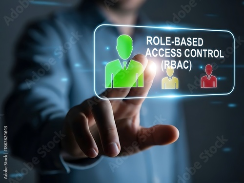 Businessman pressing button for role-based access control (RBAC) on a virtual interface