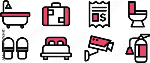 UI Icon Set Guest, Reservation, Bedroom, Luggage, Toilet, Camera Vector Symbols for Mobile and Web Apps
