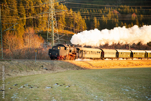 Traditional steam train with multiple passenger cars traveling through open fields with forest background in winter