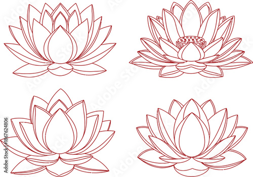 Four delicate lotus flower outlines displayed in a black and white composition