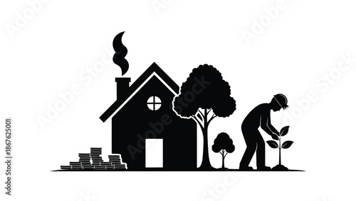 A man tending to a seedling near a house with a chimney